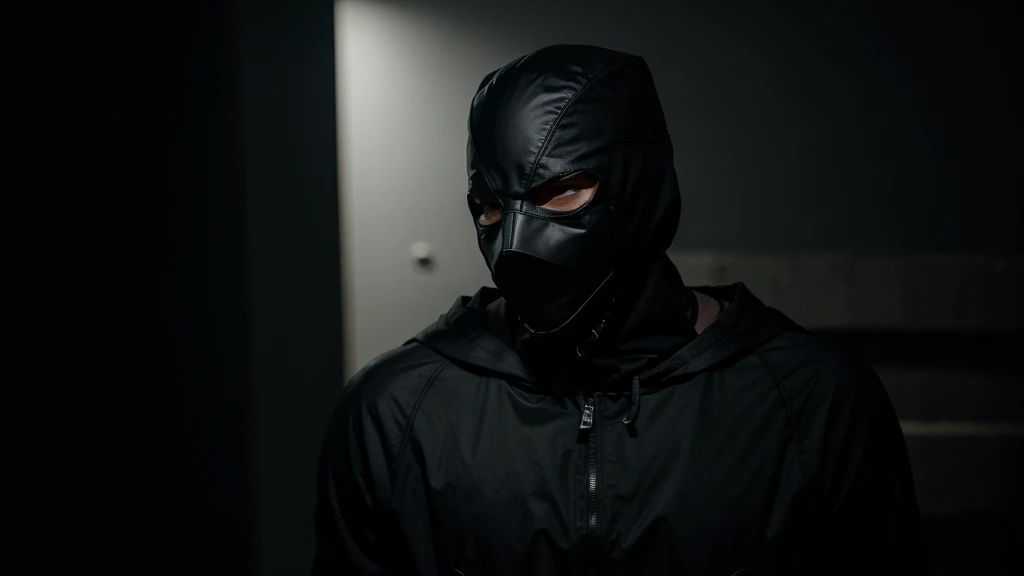 mysterious masked man wearing black in the dark