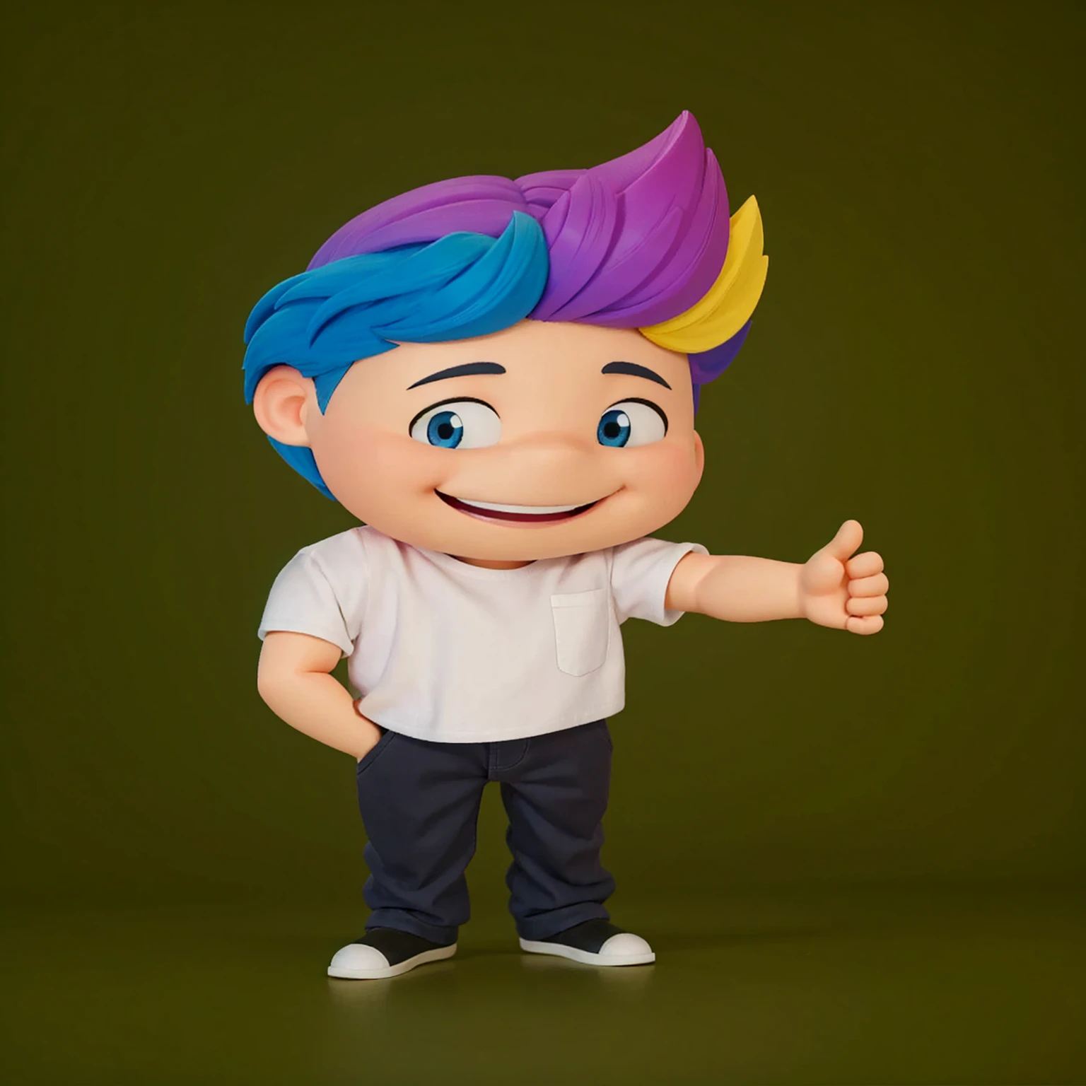 good-great,3d, high qualiy, 1,young man smiling, Big eyes, colored hair, 4 colors hair blue, Pink, yellow and black, white shirt, fully body, positive sign, hand in pocket disney pixar style