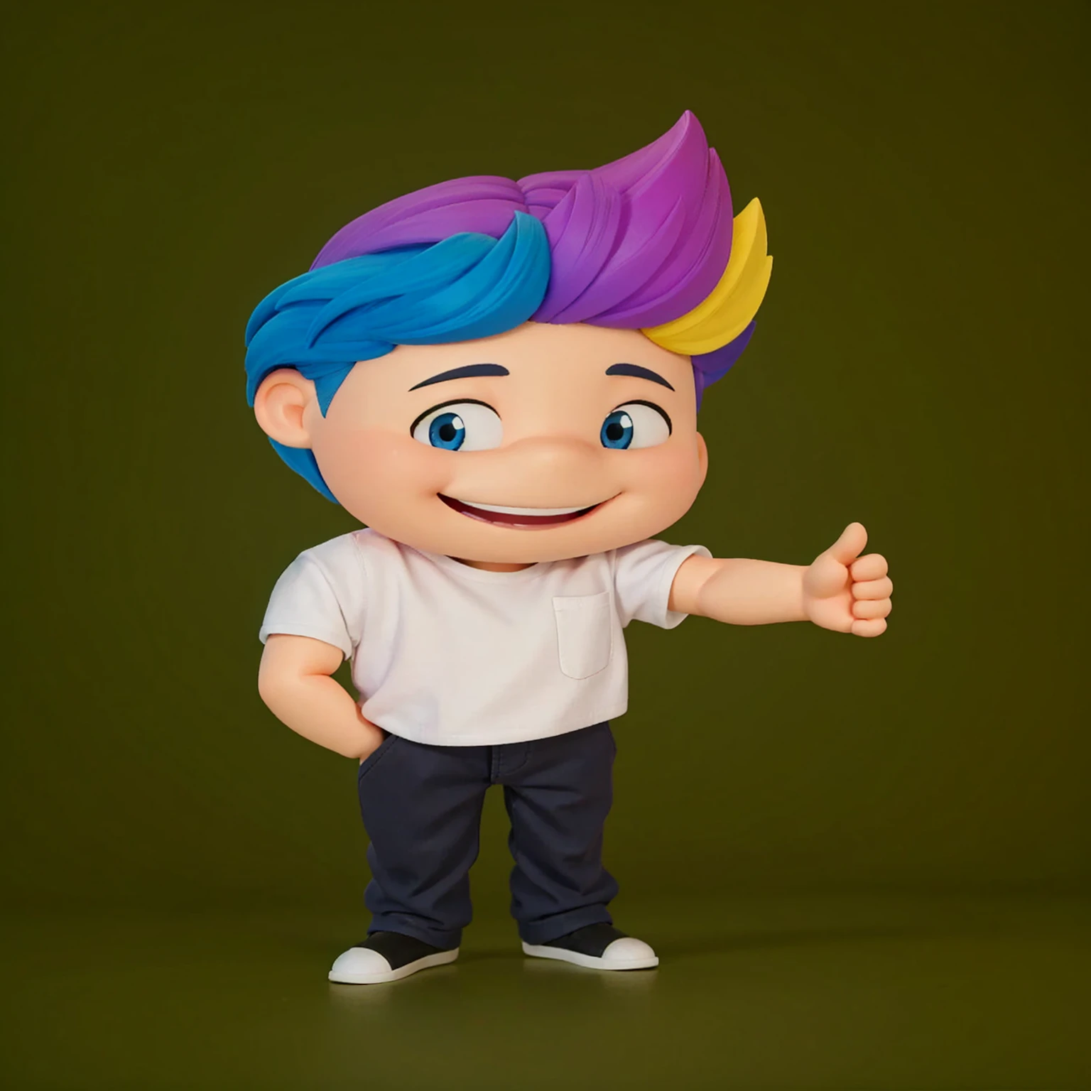 good-great,3d, high qualiy, 1,young man smiling, Big eyes, colored hair, 4 colors  hair blue, Pink, yellow and black, white shirt, fully body, positive sign, hand in pocket disney pixar style