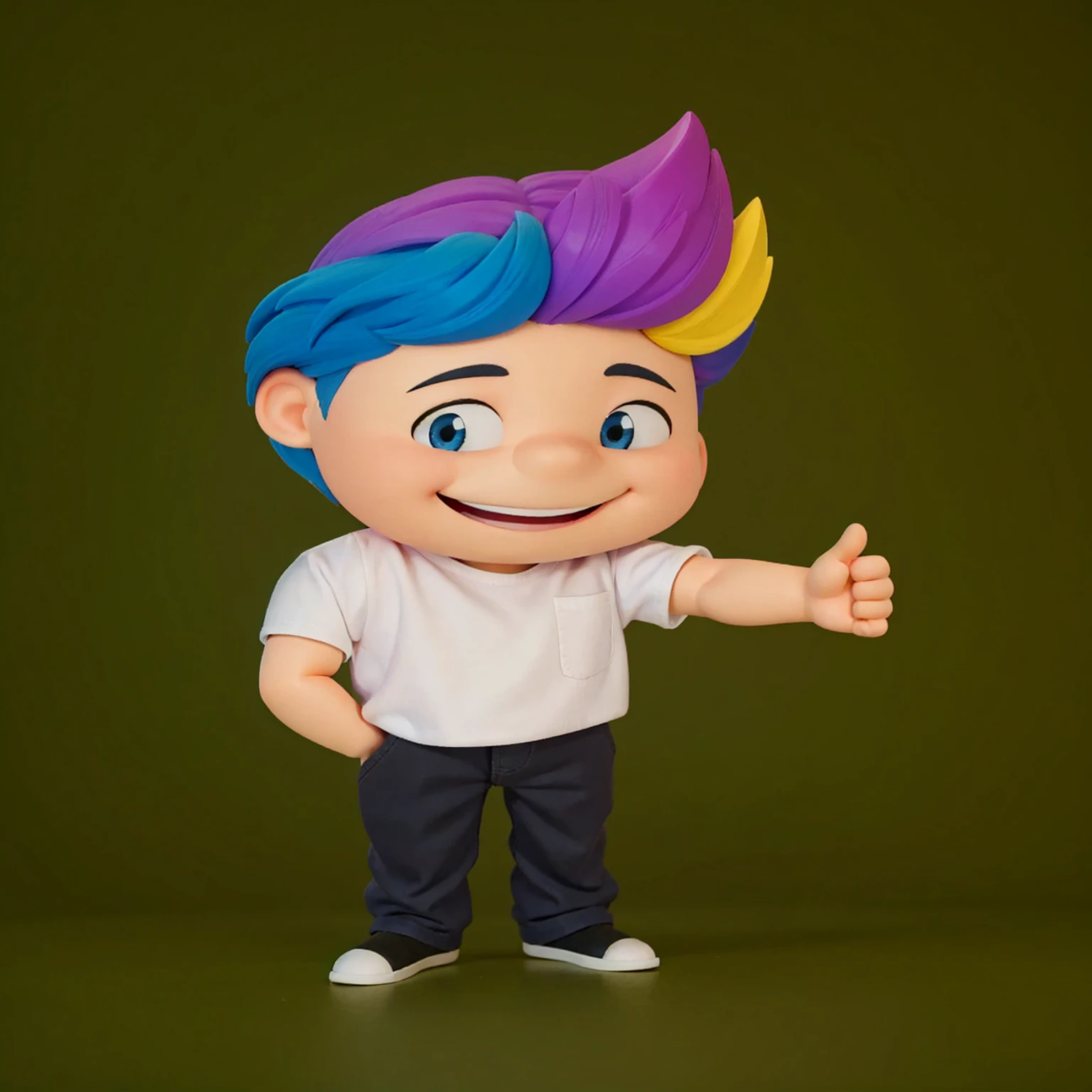 good-great,3d, high qualiy, 1,young man smiling, Big eyes, colored hair, 4 colors hair blue, Pink, yellow and black, white shirt, fully body, positive sign, hand in pocket disney pixar style