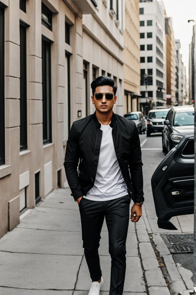 Man with black jacket, white shirt and khaki pants