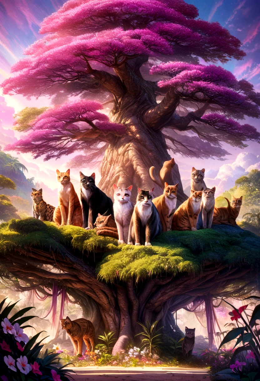 a beautiful tropical island with lush green trees, a massive ancient tree in the center, wild animals and many feline creatures, exotic colorful flowers, a vibrant sky with blue, purple and pink hues, highly detailed, 8k, photorealistic, portrait, cinematic lighting, award winning, digital art
