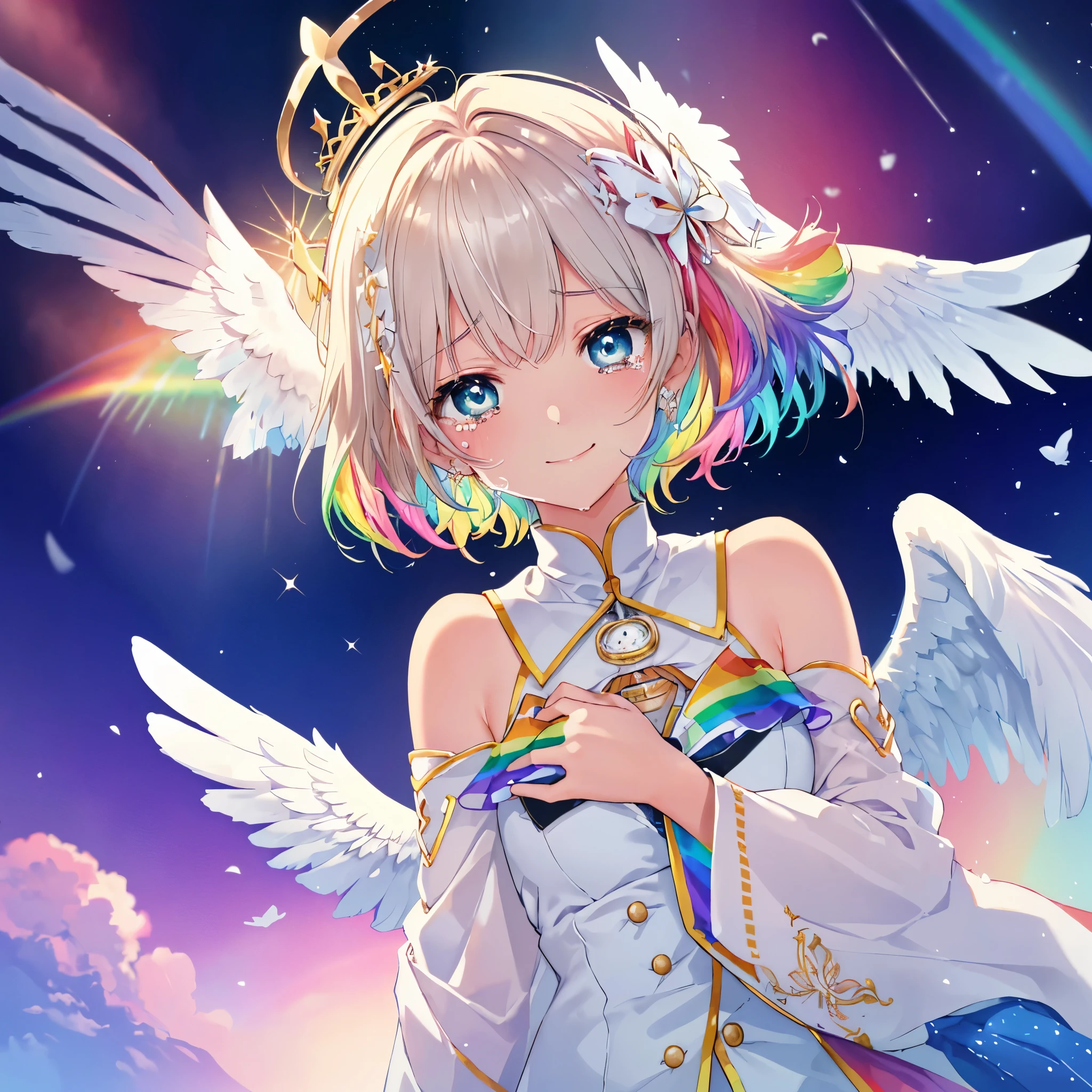 (((Extreme close-up tears smile Low - Angle Dove of peace Angel Halo))) ((輝くtears Rainbow Eyes Short Hair Receiving the light Rainbow light Place your hand on your chest Aurora Stretch your hand out towards me)) (Shining Edge Pillar of Light)