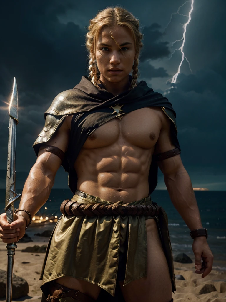 A warrior in a sling and a hood, holding a trident, lightning behind him, a warrior has a glowing diamond on his shoulder,... behind him stands a luminous figure, a beautiful blonde girl, with a braid, has beautiful breasts and a neat butt