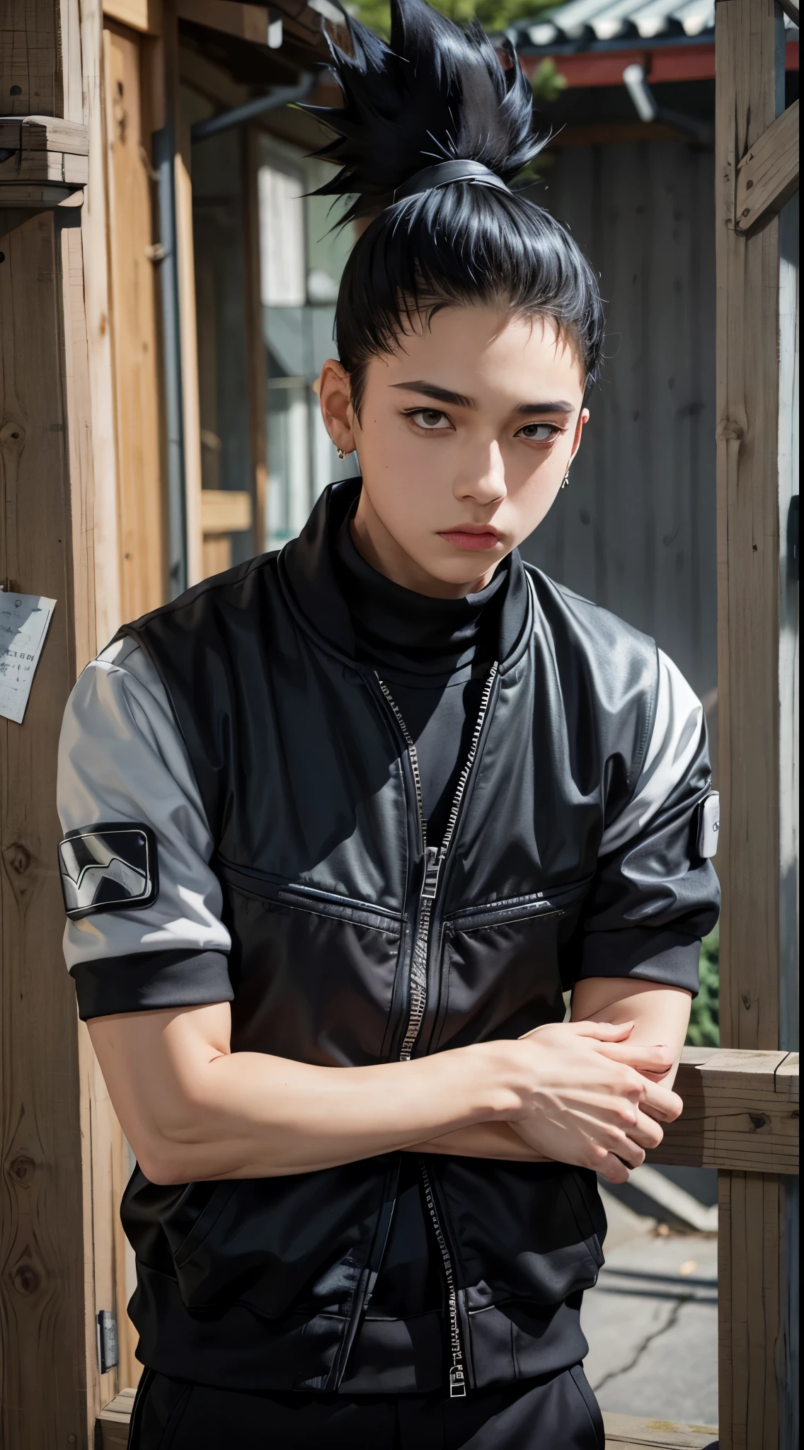 masterpiece, One boy, Great style, Urban Streetwear Outfit, Outdoor, Upper Body, Shikamaru Nara, Bright Eyes, Black Hair, Cool Boy