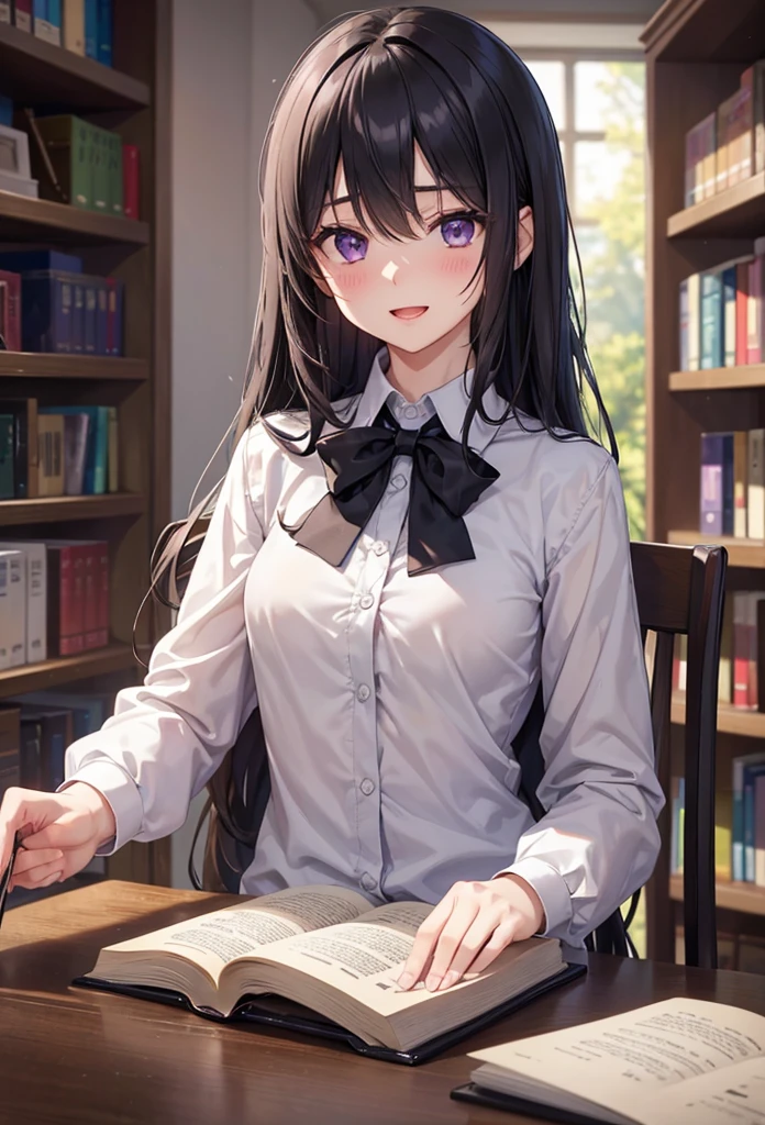 slender, mature female,rating:safe, blurry, book, long_hair, 1girl, blurry_background, depth_of_field, blush, solo, :d, purple_eyes, eyebrows_visible_through_hair, smile, open_mouth, bangs, shirt, bookshelf, indoors, white_shirt, hair_between_eyes, bow, looking_at_viewer, black_hair, black_bow, collared_shirt, upper_body, black_neckwear, blurry_foreground, black_ribbon, holding, day, library, sidelocks, signature, very_long_hair, long_sleeves, open_book, chair