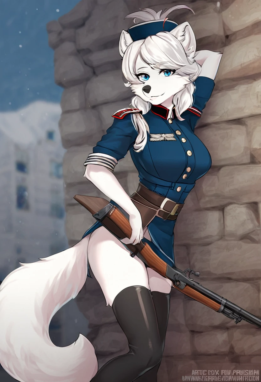Arctic fox as a female  Prussian soldier 