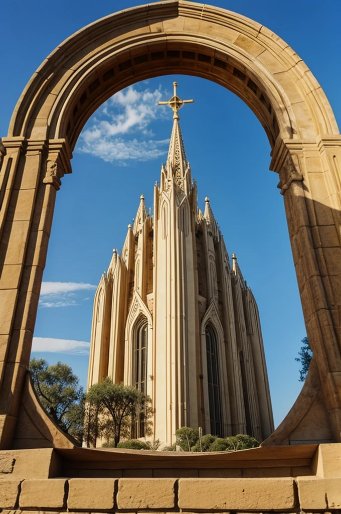 Create a shield that is divided into four parts, each part has a bible, an ear of wheat,a tower, and an image of goodness, that has a crown, 2 columns,2 swords and eucalyptus around