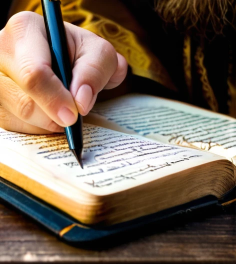 Prophet sitting writing in a bible with a quill 