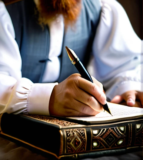 Prophet sitting writing in a bible with a quill 