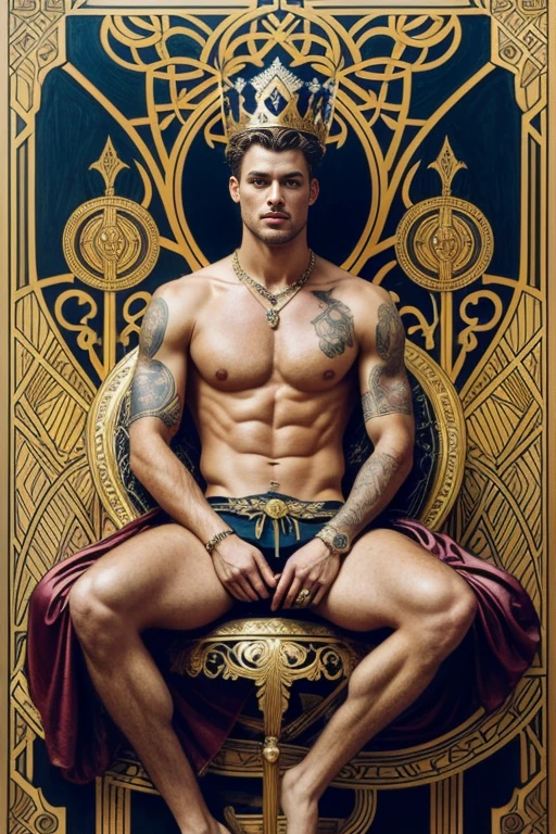a surreal courtly photography, ultra-detailed, panoramic composition of subject and complete surrounding environment, handsome manly young topless christian hogue sitting on a throne, wears rich silks shorts and decorations, a crown on his head, Gold snake pattern tattoo , inspired by Cornelis Engebrechtsz, inspired by Nikolay Nikanorovich Dubovskoy, inspired by John Nelson Battenberg, inspired by Konstantin Westchilov, maximalist art nouveau, modern art nouveau, Artem Demura. Alphonse Mucha. Homem com asas de anjos