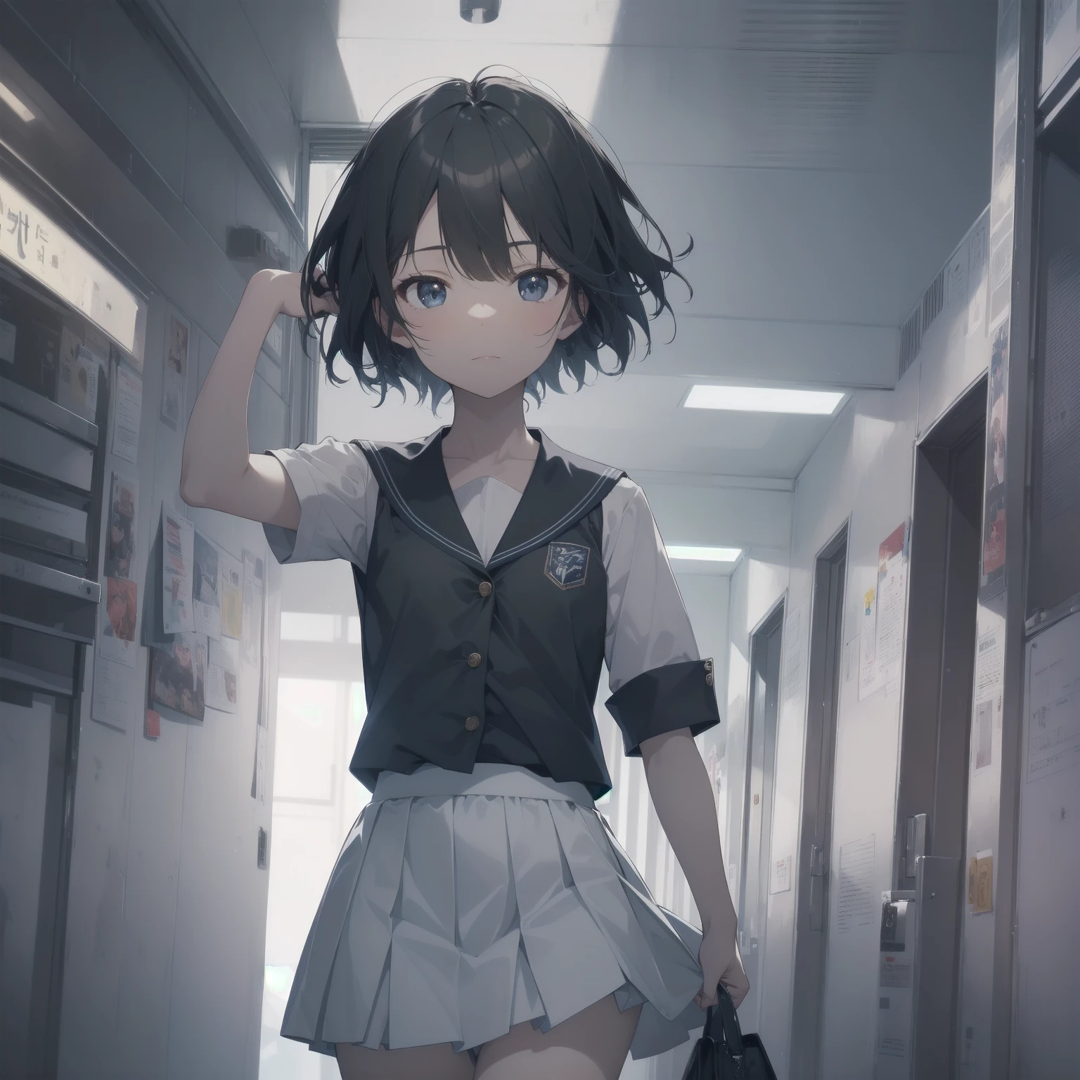 ultra-absurdres-Top quality by artist God, ultra-detailed, high resolution, anime moe artstyle, best anime 8k konachan wallpaper, pixiv contest winner, pool:2810, perfect anatomy,break, 1girl, (Please draw a girl walking sleepily to school alone. )break,(Solo,little female, 13-year-old:1.3),Full limbs, complete fingers,a junior high school student, (very short hair), short cut, flat chest, , small butt, small black eyes, beautiful detailed eyes, well-proportioned iris and pupils, expressive eyes, highres detailed hair, soft expression, salor school_uniform, sailor collar, serahuku, bow, pleated skirt,(Detailed Lighting), (Detailed background), in the School commute route. break,super detailed skin, Best cinematic lighting powered by famous artist, 8k,beauty illustration,photoshop_(medium),very aesthetic,break,((artist:saiguchi_otoufu )), artist:clamp ,artist:carnelian ,artist:kantoku ,