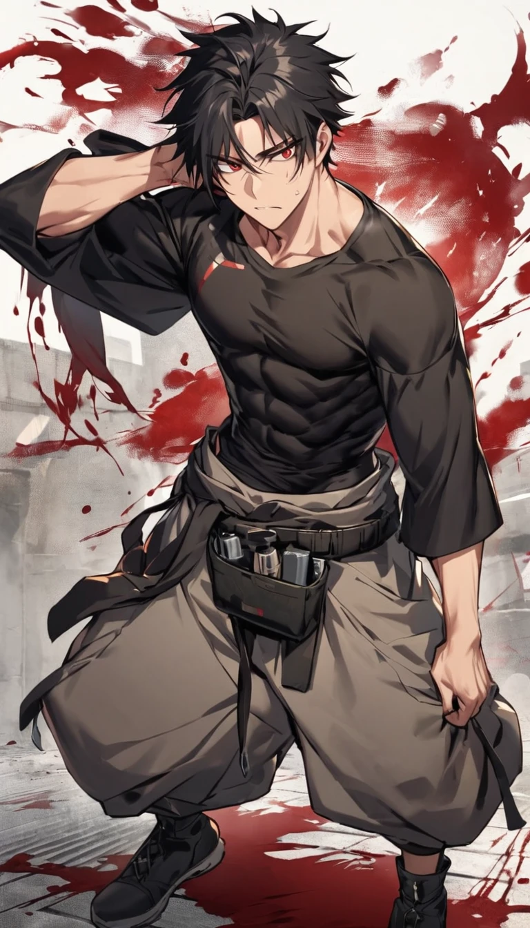 Sasae Hatsushimi. is a young man with messy, shoulder-length black hair that partially hangs in front of his face and half-opened blood-red eyes. With a cool and cold face with a strong gaze. he has a moderate athletic build, and His attire consists of a tight-fitting black shirt, sports tan baggy pants with a tool belt casually around his waist, and  black boots