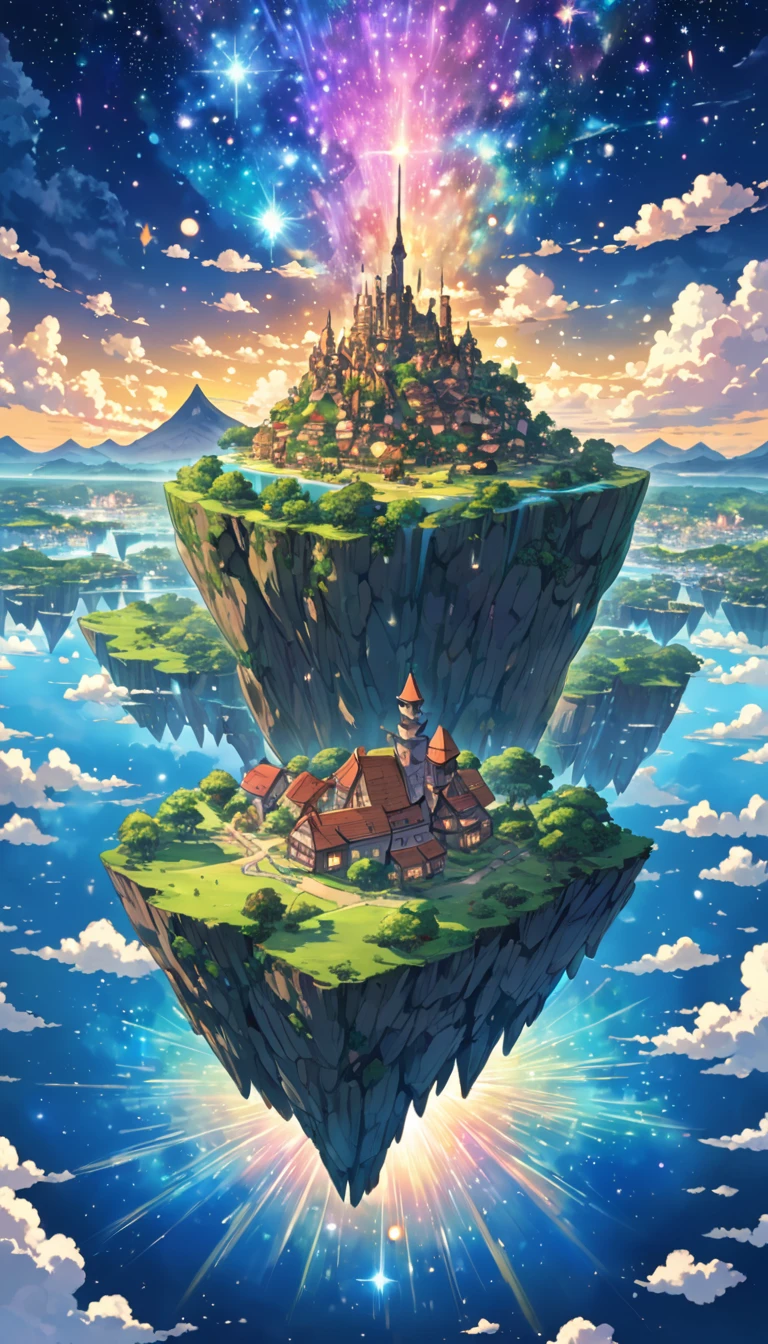 Highly detailed anime-style still images, Ghibli Studio Style, masterpiece, Official Art, Professional, ((Very detailed)), 8K,
A sparkling city, crystallization, Reflective surface, Prism light effect, The setting is a floating island surrounded by a starry sky..people々I live in
