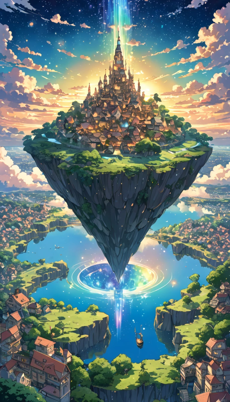 Highly detailed anime-style still images, Ghibli Studio Style, masterpiece, Official Art, Professional, ((Very detailed)), 8K,
A sparkling city, crystallization, Reflective surface, Prism light effect, The setting is a floating island surrounded by a starry sky..people々I live in