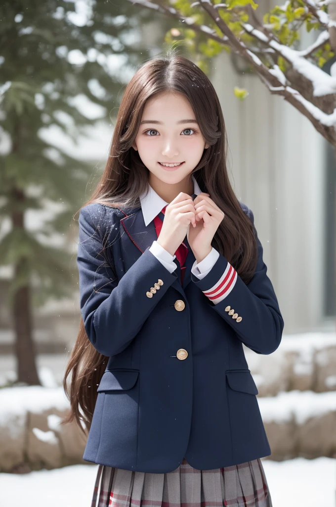 one girl, (a beauty girl, delicate girl:1.3), (18-year-old:1.3), break, (winter , Cute Uniform:1.3), break, (it's snowing:1.3), (bus stop, Waiting for the bus:1.3), perfectly trimmed fingers, break, Very fine grain definition, (Symmetrical eyes:1.3), break, Small breasts, Brown eyes, Parted bangs, Brown Hair, girl, break, (Eye and facial details:1.0), (Face close-up, Zoom in on face, Face Focus:1.0), break, (masterpiece, Highest quality, Super detailed, Detailed face, 8K)