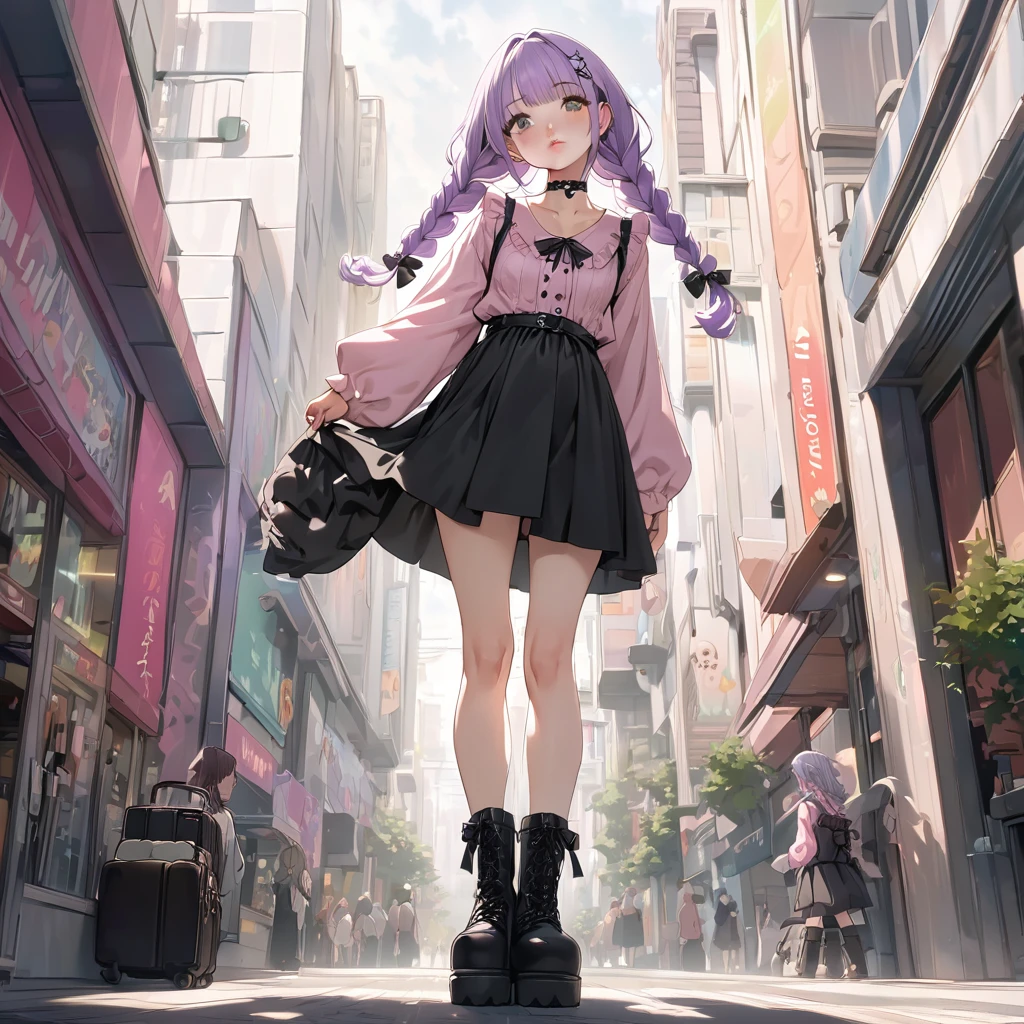 masterpiece, ultra detailed, 8K, solid blue Skyscrapers background, full body shot, Angle looking up from below.happy, a girl, kawaii, light atmosphere, mysterious atmosphere, (Cute a girl:1.5), (a girl with closs hair pin,pale purple hair,wavy two braids,bluntbangs hair,green and black eyes,
pink shirt,cosplay, jirai kei, bangs, black skirt, black bow, looking at viewer, bow, long sleeves, choker, ribbon,pink lips,Thick-soled boots,fullbody shot :1.4),boots focus,
(masterpiece:1.3), anime visual, (Lovey-dovey:1.5), (tilt head:1.3), extremely delicate face, soft clean focus, realistic lighting and shading, (an extremely delicate and beautiful art:1.3), elegant, (muted colors:1.1), small breast,slim,Sitting on a carry-on bag in Akihabara's pedestrian mall,morning lit,