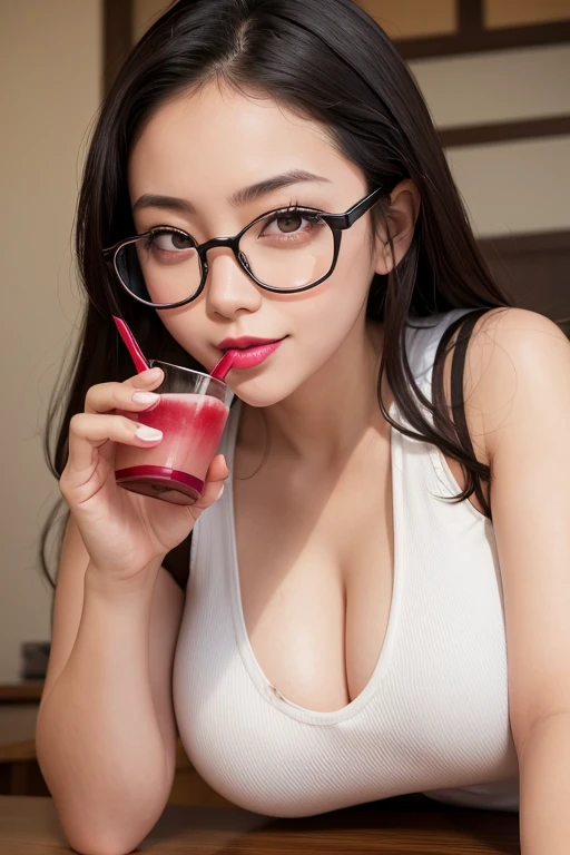 girl,Glasses,Big breasts, narrow eyes,happy,Japanese,thick lips,Leaning forward,Underarm,healthy,whole body,lipstick,Blushing,Forehead,Looking up,Tank top,Drink juice