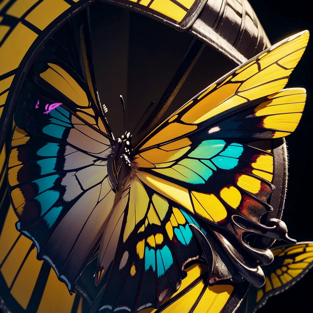 a yellow butterfly with black spots, open wings, detailed intricate butterfly anatomy, macro photo, professional portrait photography, 8k, photo-realistic, natural lighting, dramatic lighting, vivid colors, highly detailed, sharp focus, cinematic composition, award-winning photograph