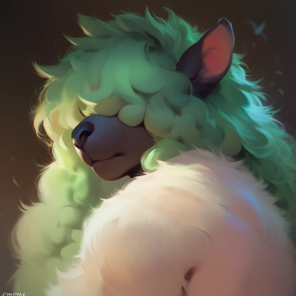 
score_9, score_8_up, score_8, score_7_up, score_7, hi_res, alpaca, black fur, medium long fluffy hair, tousled, messy hair, green hair, hair covering eyes, hair in eyes, dark skin, furry body,, ((anthro)), hairy, side view, white hair, portrait
