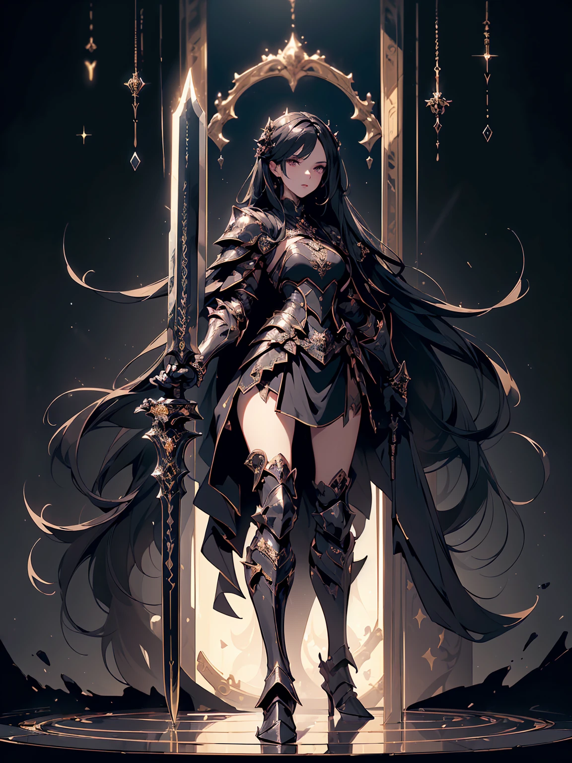(((masterpiece, best quality, 8k))) Design a layout showcase Gaming character, (1girl),((perfect face, high detailed face)). Black+Gold clothes, opulent and dark, ((showcase weapon:1.4)), cursed blade, (masterpiece:1.2), (best quality), 4k, ultra-detailed, (Step by step design, layout art:1.5), (gloomy lighting, cursed atmosphere), dark knight, ((cursed gloves)), (((revealing armor:1.3))), dark vambraces, cursed boots, (((full_body_shot:1.4)))