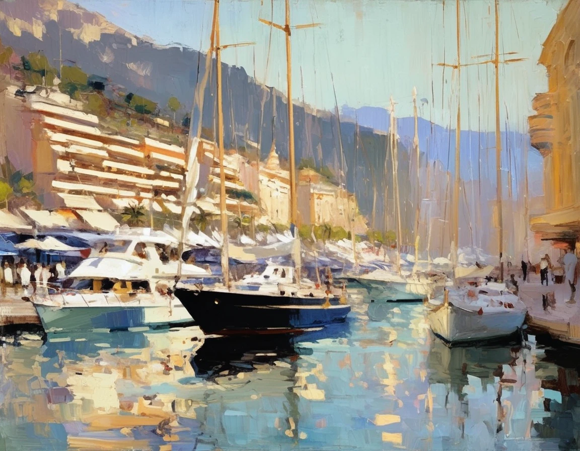 Konstantin Korovin Style - oil painting of a beautiful yacht haven in monaco. Muted colors. Artwork by Abbott Handerson Thayer.