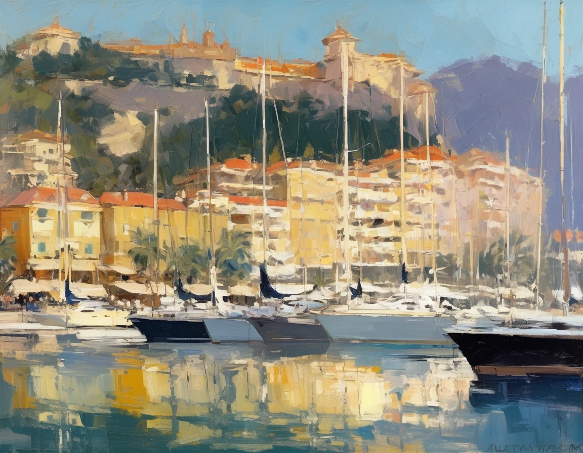 Konstantin Korovin Style - oil painting of a beautiful yacht haven in monaco. Muted colors. Artwork by Abbott Handerson Thayer.