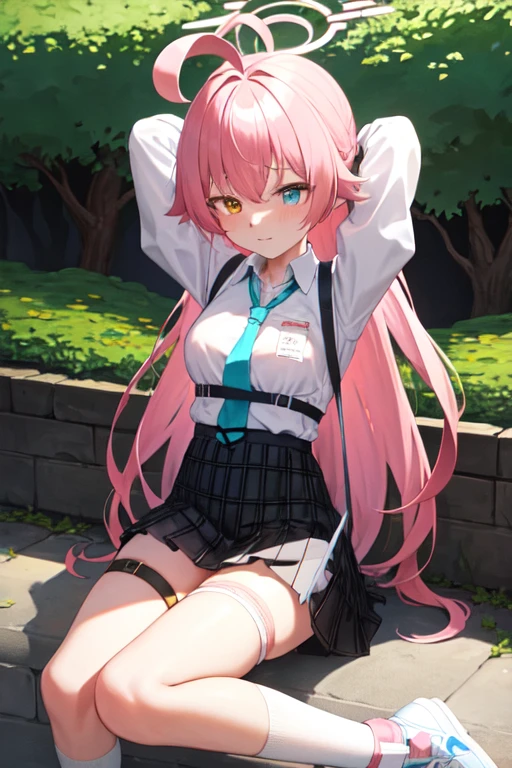 masterpiece, Highest quality, Very detailed, One Girl, Hoshino, White shirt, Pleated skirt, Embarrassing, Are standing,
Outdoor,Put your arms behind your head,BDSM,bondage, bound, bound arms, bound legs,bound ass, bound wrists,bound ass, breast bondage, breasts, crotch rope, (rope:1.1), restrained, rope, shibari, shibari over clothes, (skindentation:1.2), thigh strap,