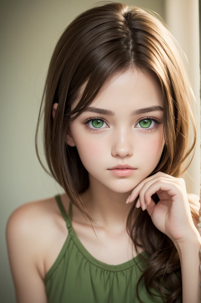 Beautiful realistic girl short brown hair dark and light green eyes 14 years old