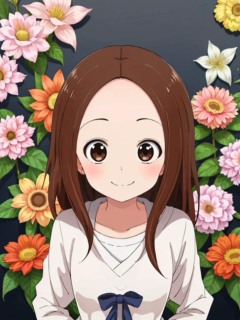 highest quality,High resolution、anime illustration style、takagi-san, one girl、closed mouth、smile、beautiful flower々Park with blooming flowers、A cute girl no matter who you look at、put your hands on your hips、absolute reference to center、smooth hair、closed mouth、brown hair、brown eyeedium hair