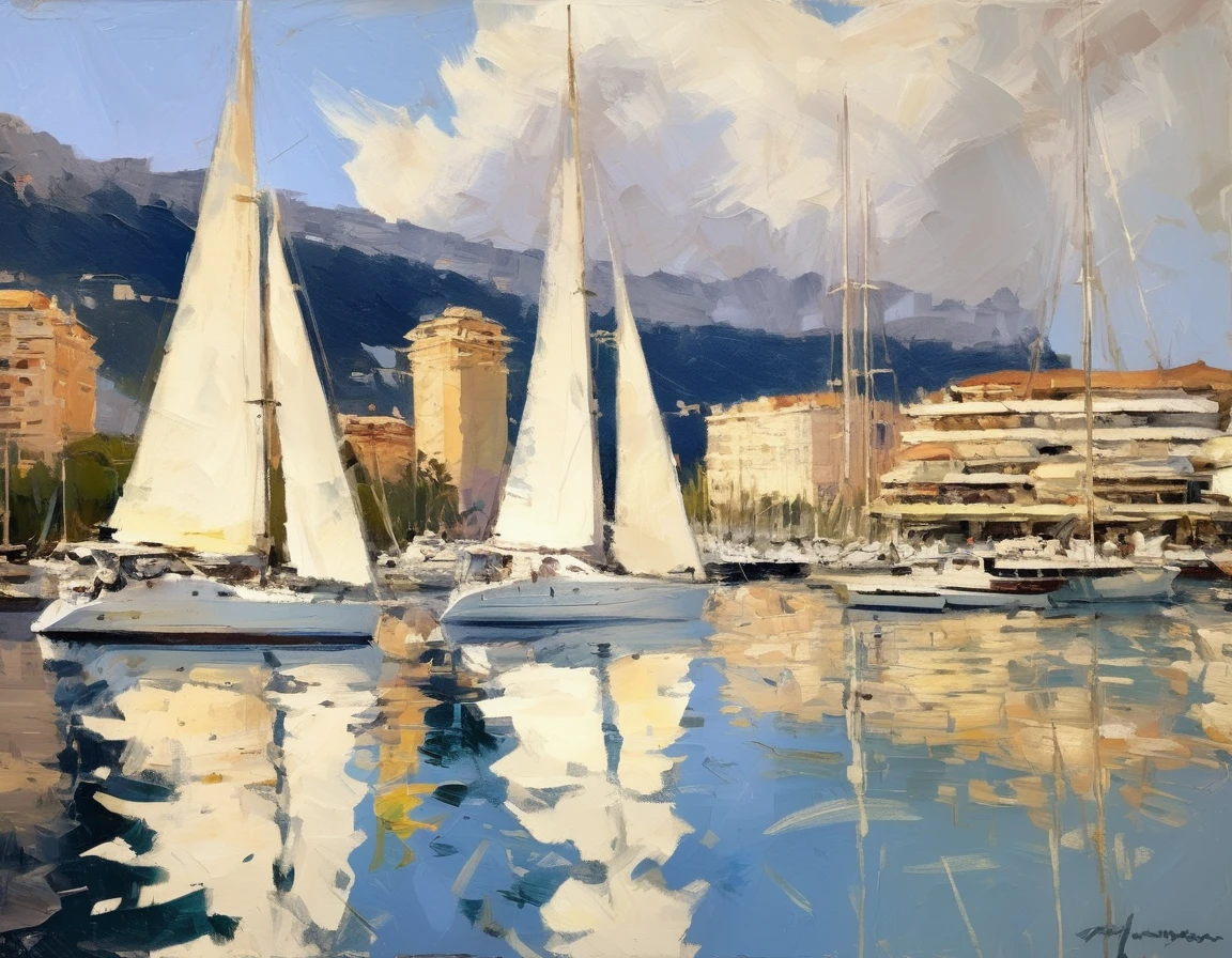 Konstantin Korovin Style - oil painting of a beautiful yacht haven in monaco. Muted colors. Artwork by Abbott Handerson Thayer.
