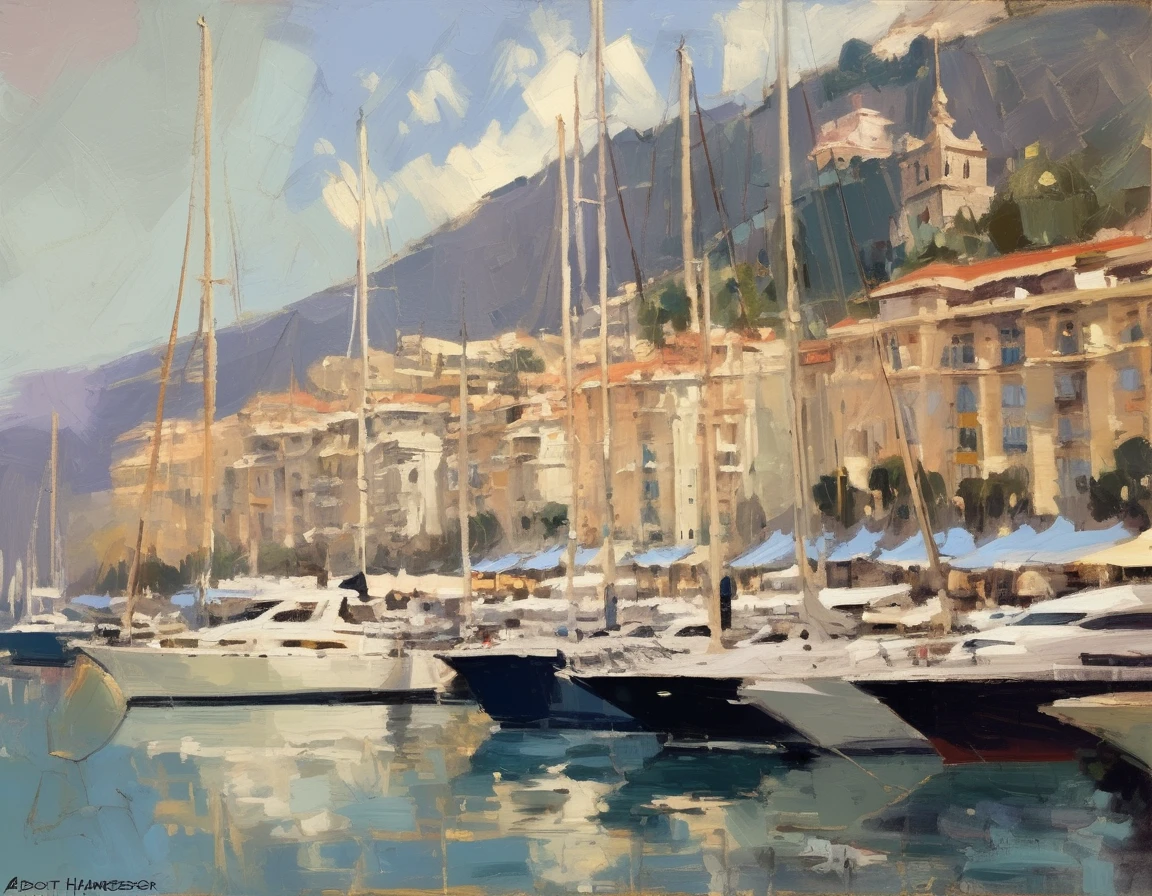Konstantin Korovin Style - oil painting of a beautiful yacht haven in monaco. Muted colors. Artwork by Abbott Handerson Thayer.