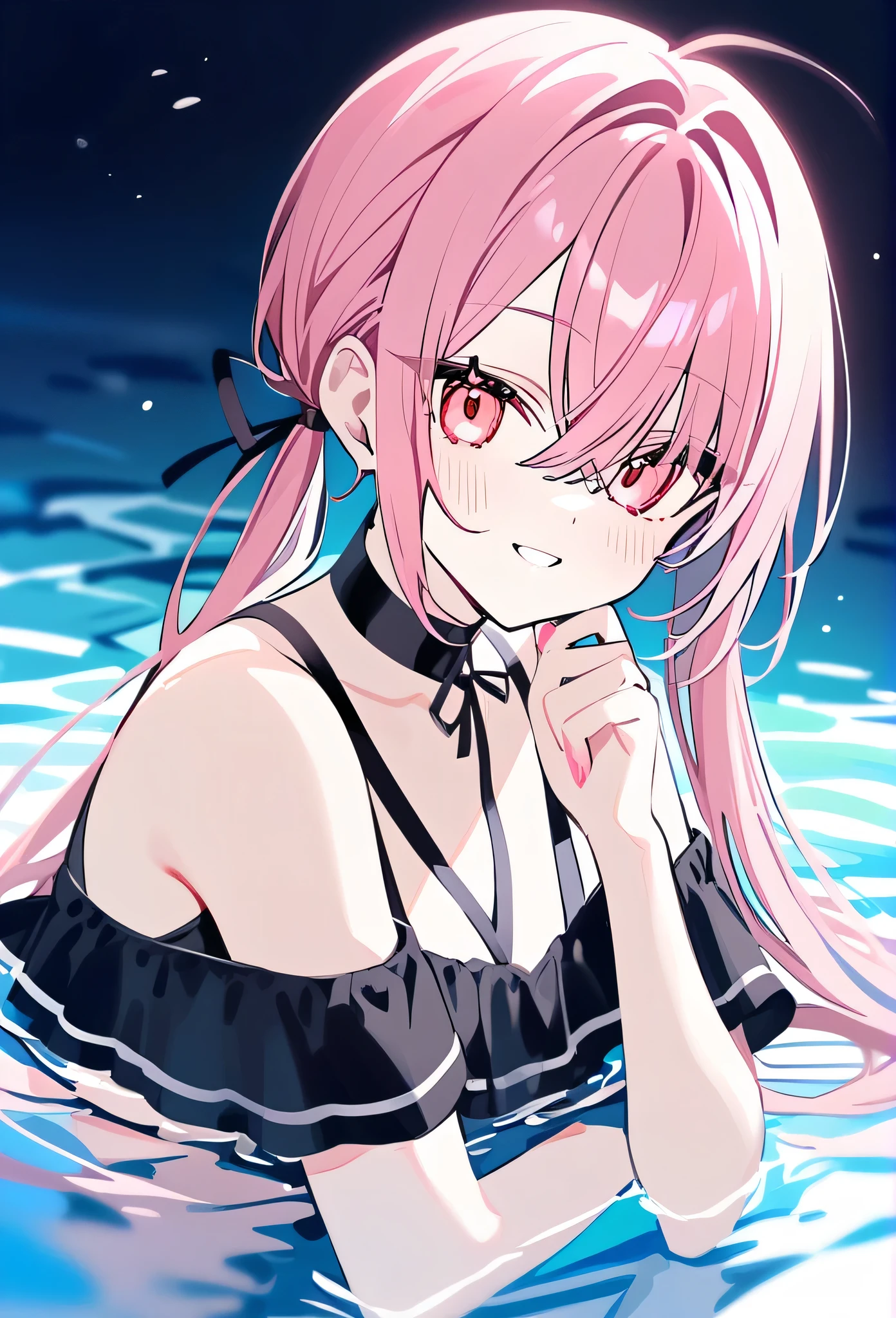 rurudo, 1girl,  solo,  pink hair, thick twintails, red eyes, swimming club, smile with lively