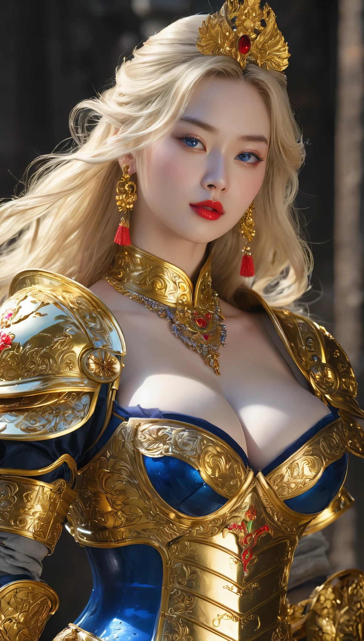 masterpiece,Highest quality,wonderful,(womanの騎士_woman:1),(Golden Armor:1.3), (35歳のwoman戦士:1.3),、(((Big and ample breasts))),,,,Hyper Real,中世ヨーロッパの都市のbattlefieldにいる,Expressionless,、イギリス人woman、Delicate skin texture to the smallest detail 、(Detailed blue eyes)、(Chubby body type))、(Very large breasts)、中年woman、(ふわふわblondeの長い髪)、Sunburned skin、(blonde)、woman騎士、(((Big cleavage)))、Richly decorated gold armor、中世のwoman騎士、Golden long boots with flashy decorations、Pure gold and jewellery necklaces and collars、Big gold earrings、Bright red lips、Dressed in luxurious gold armor、Gold Long Gloves、He has a big long sword、The sword is ornately decorated..........................、The blade is pitch black、(woman騎士)、(battlefield)、