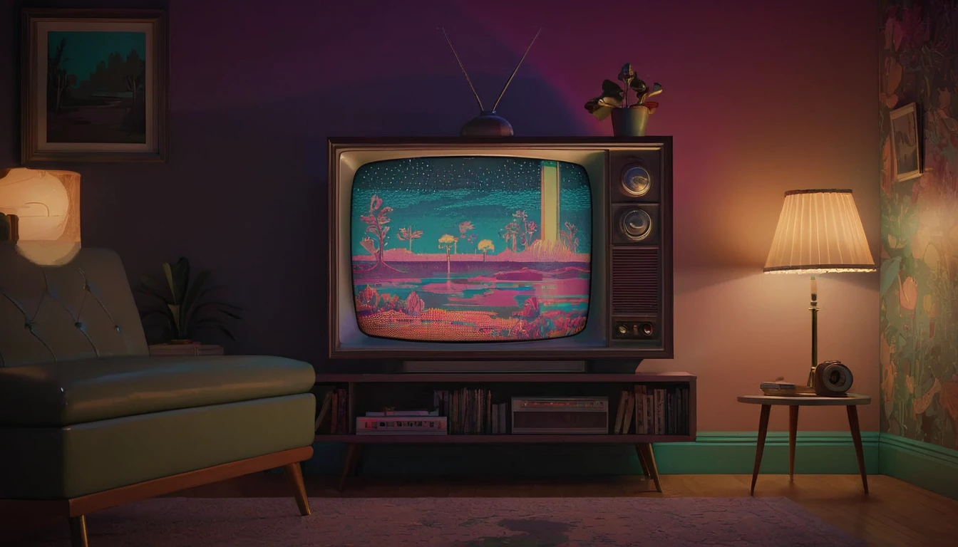 In the dimly lit room, an retro style, vintage aesthetic, old-school TV steals the spotlight. The classic television set exudes nostalgia, its pixels flickering in the darkness. An enchanting painting captures this scene, expertly showcasing the intricate patterns on the TV screen. Every pixel is meticulously placed, creating a mesmerizing blend of colors and shapes. The image radiates a sense of authenticity and quality, inviting viewers to reminisce about a bygone era with a modern twist.