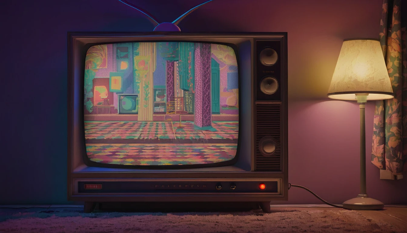 In the dimly lit room, an retro style, vintage aesthetic, old-school TV steals the spotlight. The classic television set exudes nostalgia, its pixels flickering in the darkness. An enchanting painting captures this scene, expertly showcasing the intricate patterns on the TV screen. Every pixel is meticulously placed, creating a mesmerizing blend of colors and shapes. The image radiates a sense of authenticity and quality, inviting viewers to reminisce about a bygone era with a modern twist.