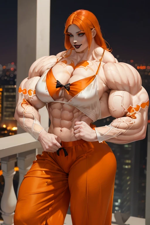 (((((Massive tall, beautiful, buff, pale white skinned muscular woman with orange hair, black lipstick, ginormous bulky muscles, standing beautifully and wearing a silk orange pajama blouse with orange silk pajamas pants))))), close view, massive muscles, massive biceps, hyper muscle shoulders, (massive muscle arms), vascular shoulders, hyper muscle triceps, (long shaggy hair), green eyes, choker, slippers, (in a hotel balcony), confidant smile, night, hyper vascular arms, hyper muscles arms, hyper muscle legs, (massive arms).