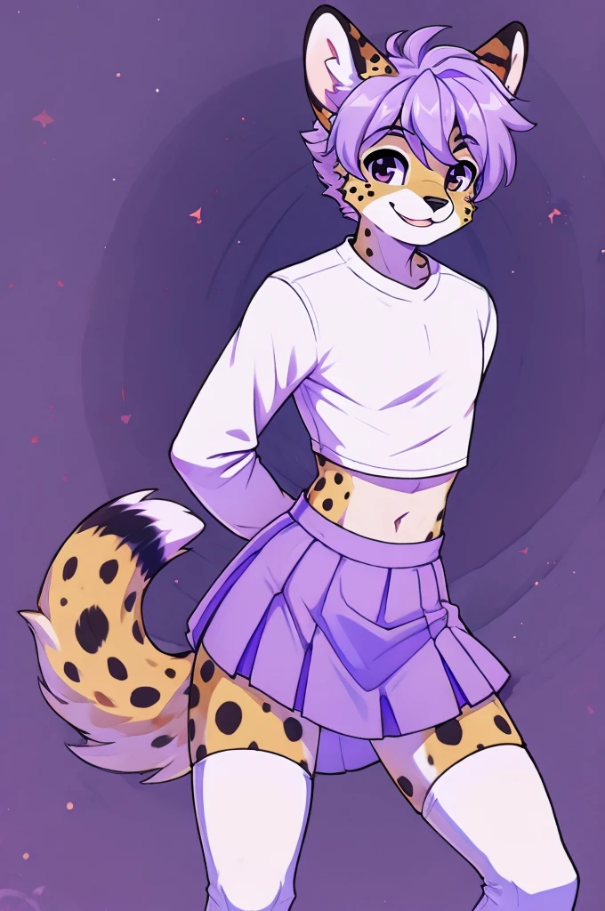male anthro furry, teenage boy, serval, lavender colored skirt, white thigh high socks, white long-sleeve crop top, cute pose, smiling, light purple hair with black spots, hands behind back