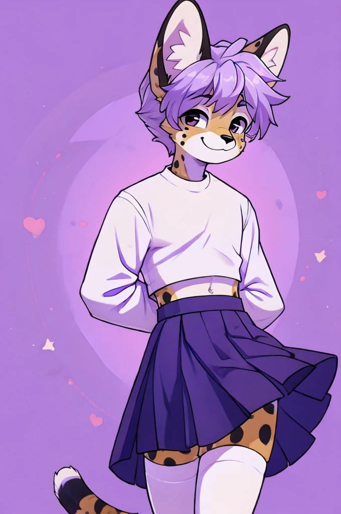male anthro furry, teenage boy, serval, lavender colored skirt, white thigh high socks, white long-sleeve crop top, cute pose, smiling, light purple hair with black spots, hands behind back