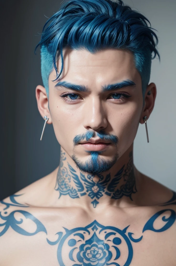 1 man with blue hair, tattoos on his face and piercings in his ears and lips