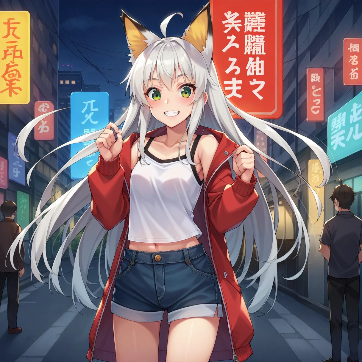 score_9, score_8_superior, score_7_superior, score_6_superior, score_5_superior, score_4_superior, Break Source_anime,throw,city,Outdoor,smile,Are standing, Shirakami_fubuki, Gray Hair, Long Hair, Ahoge, Animal ears, Green Eyes, chest, Fox&#39;s Tail,White T-shirt,Short sleeve,jeans,denim