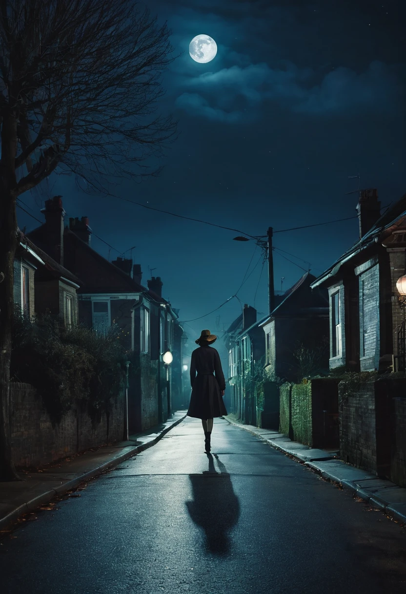 A street at night, dark lighting, a woman on her way home, a moonlit night,