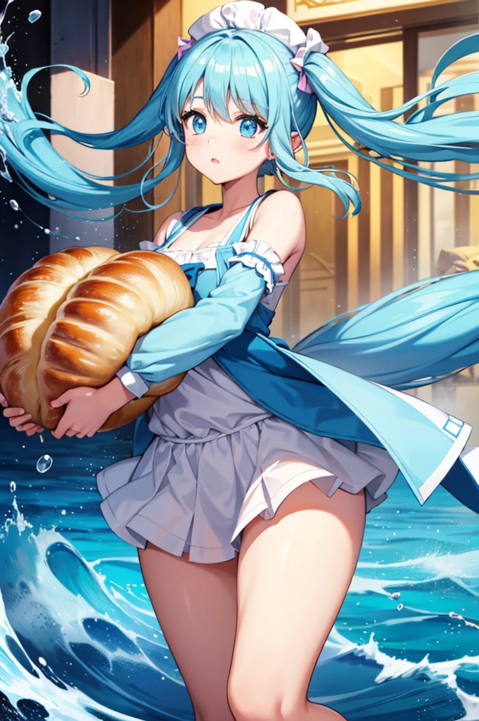 Light blue long hair、Beautiful girl with twin tails、Dream of being chased by a croissant、Croissants galore、A lot of bread is chasing me、The girl is running desperately、Croissant splash art