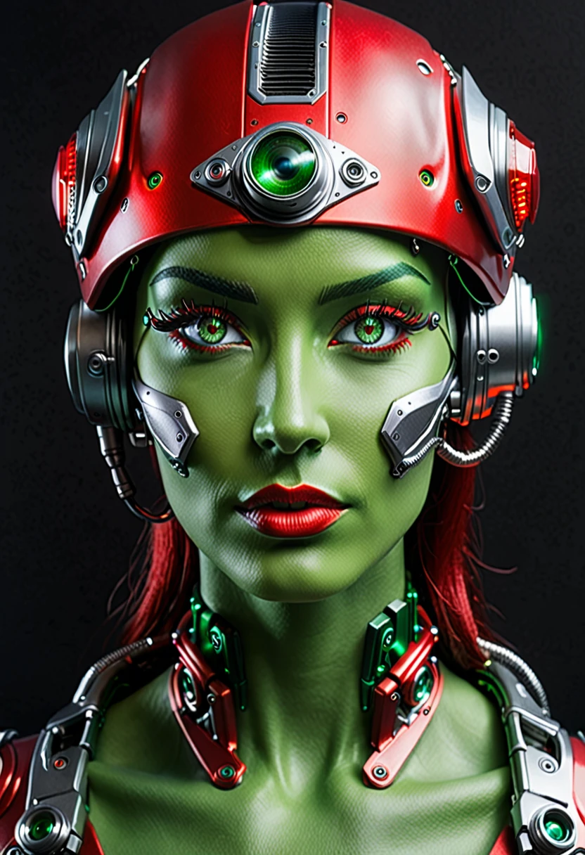 Cyborg red hat with green and red cybernetic eyes