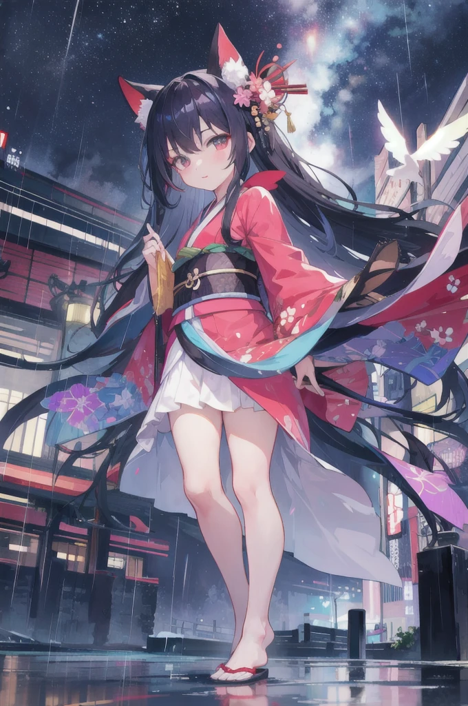 1girl,night city,rain,kimono,longhair,whole body