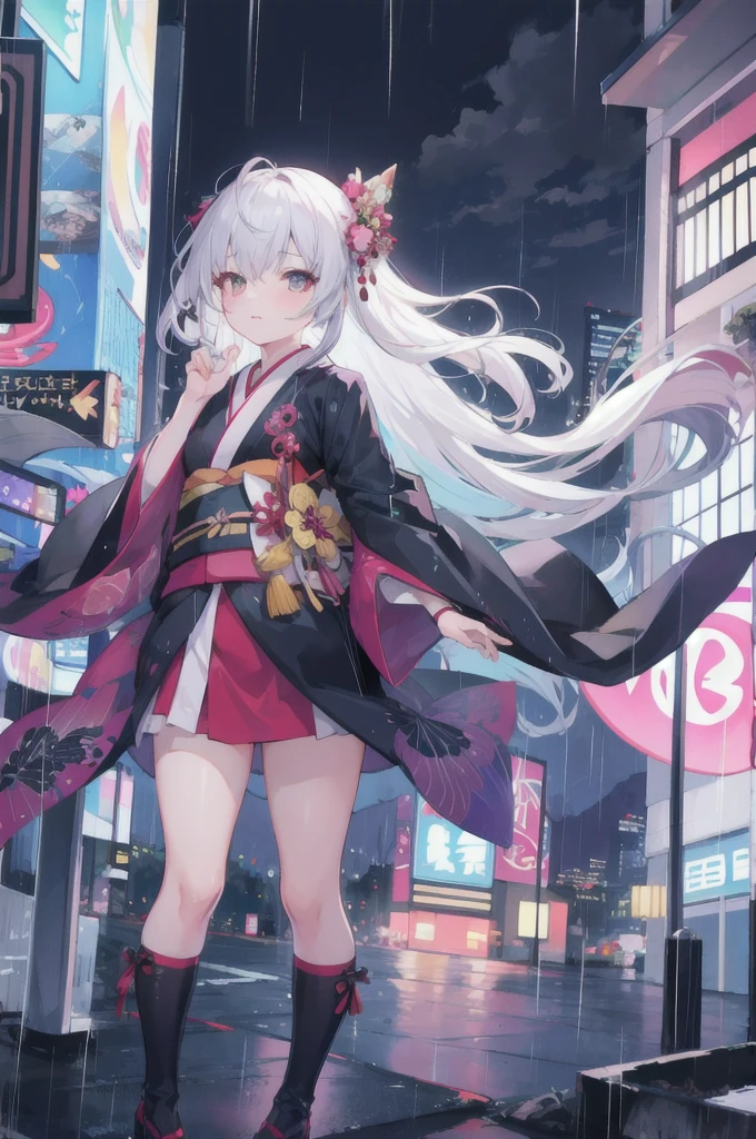 1girl,night city,rain,kimono,longhair,whole body