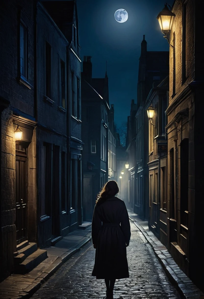 A street at night, dark lighting, a woman on her way home, a moonlit night,