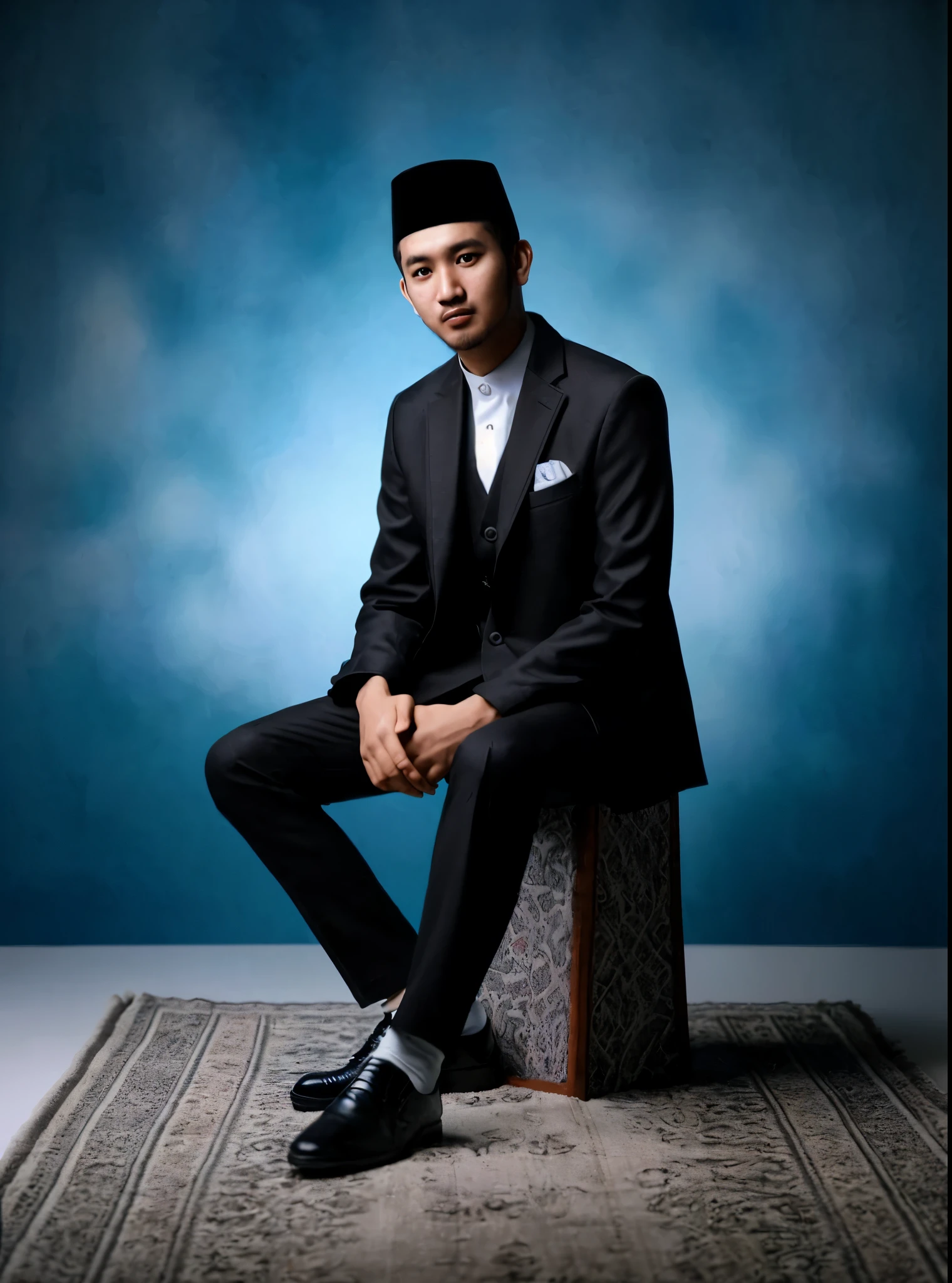 indoor photo, an Indonesian man, wearing a black Muslim suit, white shirt, black shoes, abstract blue background, photo studio background, good lighting, realistic, best photography results, UHD, 32K