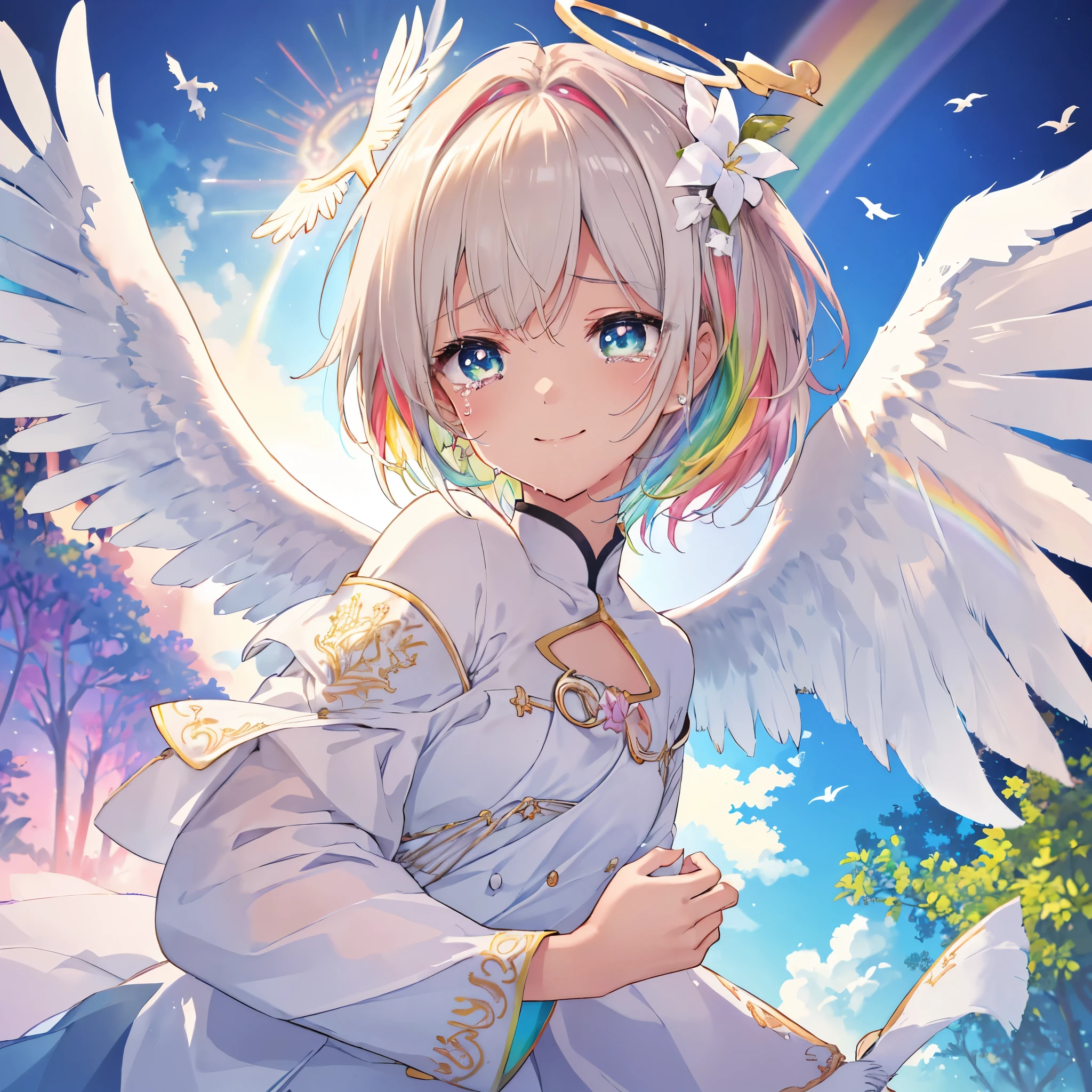 (((Extreme close-up tears smile Low - Angle Dove of peace Angel Halo))) ((輝くtears Rainbow Eyes Short Hair Receiving the light Rainbow light Place your hand on your chest Aurora Stretch your hand out towards me)) (Shining Edge Pillar of Light)