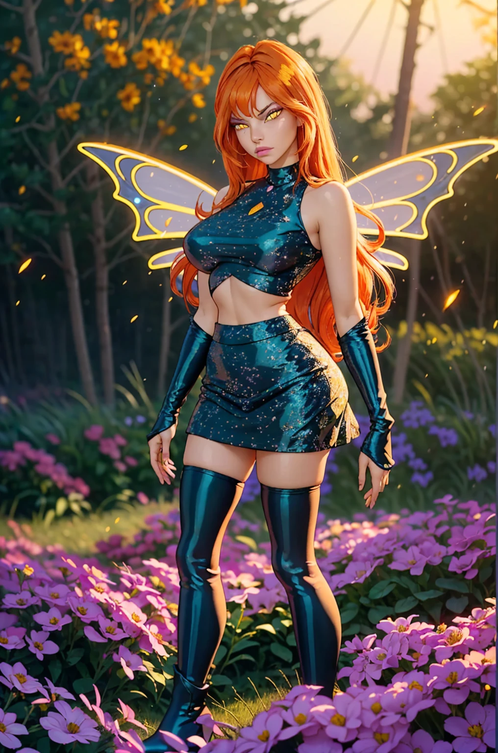 (ultra realistic,32k, masterpiece:1.2),(high detailed skin:1.1),( high quality:1.1),
Dark Bloom,rolling eyes, orange hair, very long hair, yellow eyes, boots, black skirt, gloves, black shirt, wings, sparkling clothing, thighhighs, flower field,(fire flowers:1.1), flowers,sunshine, pollen, pollen particles, blurry background,, (huge breast,large breast:1.1),(looking at viewer, standing,:1.1),(soft shaded neon light:1.1),